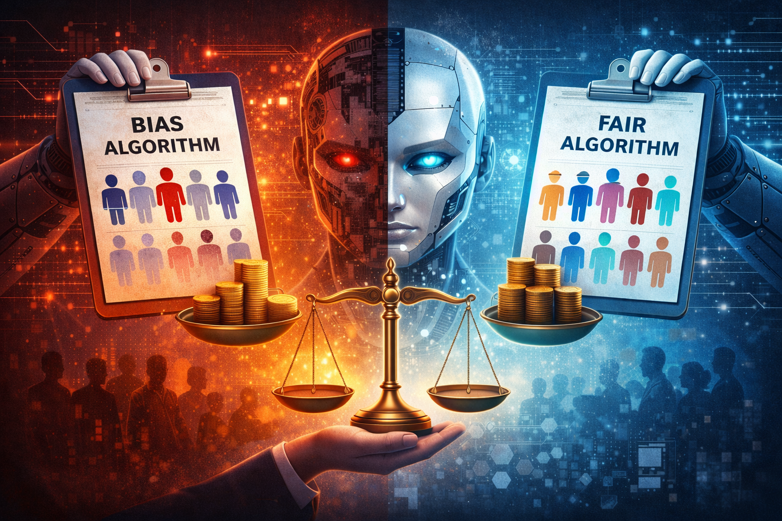 AI Bias and Fairness AI bias versus fairness concept showing how different algorithms can produce unequal outcomes