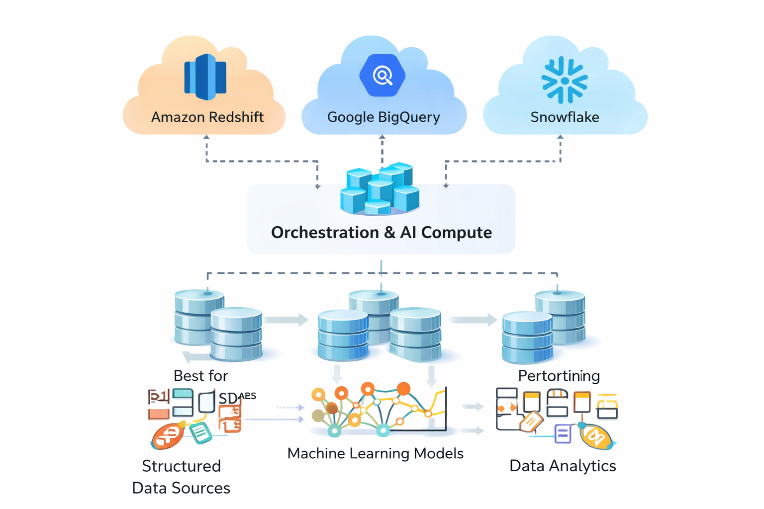 Cloud Data Warehousing Architecture for AI Workloads (Redshift vs BigQuery vs Snowflake) Enterprise cloud data warehousing architecture showing Amazon Redshift, Google BigQuery, and Snowflake supporting AI and analytics workloads