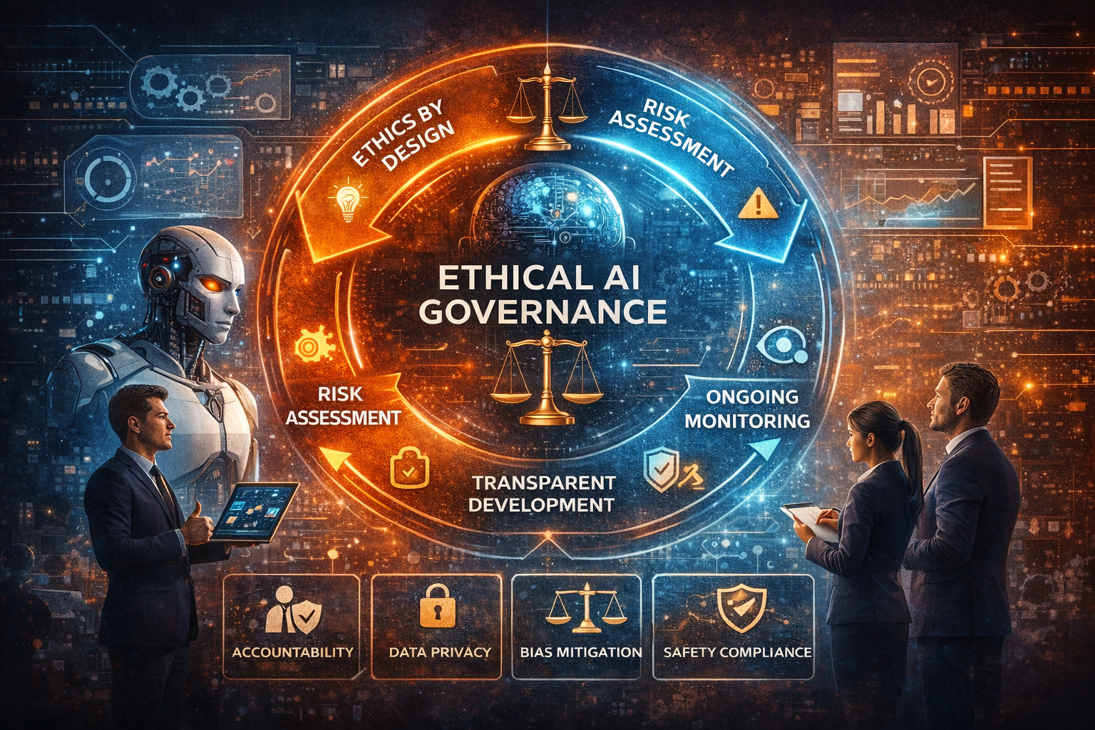 Ethical AI Governance Ethical AI governance framework showing risk assessment, transparency, monitoring, and accountability
