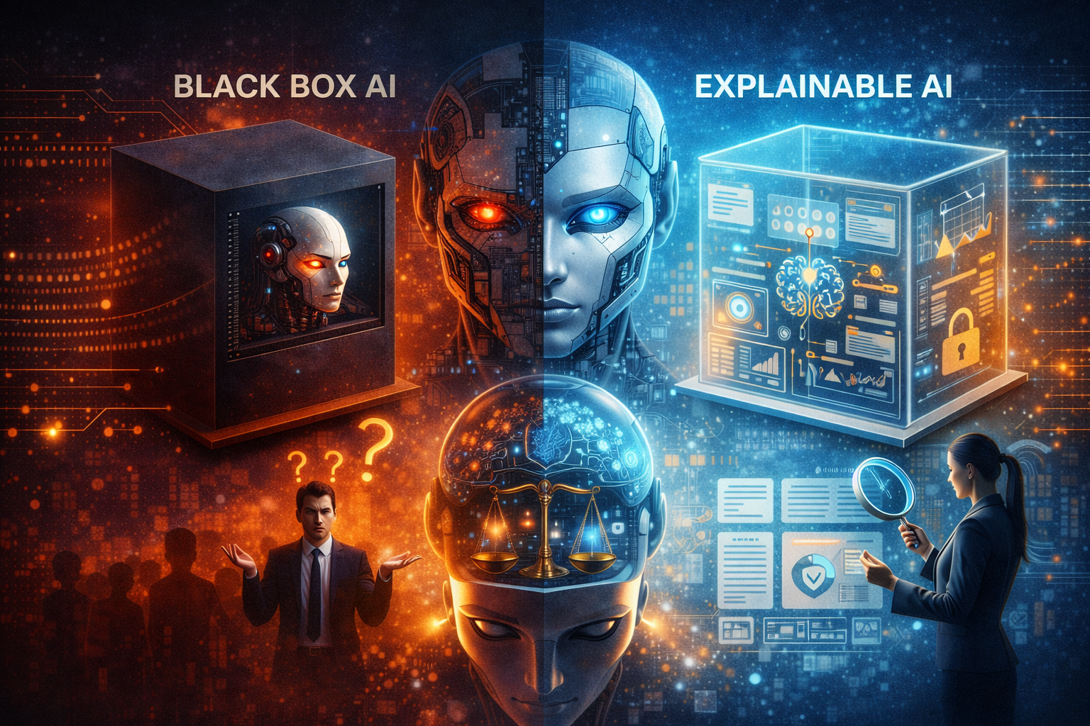 Transparency and Explainable AI Explainable AI concept comparing black box AI with transparent AI outputs and reasons