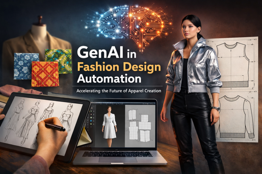 GenAI in fashion design automation showing AI-assisted sketching, textile patterns, and 3D garment prototyping