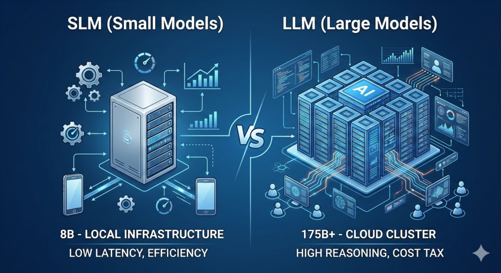 SLMs vs LLMs conceptual comparison showing local 8B infrastructure versus 175B cloud clusters